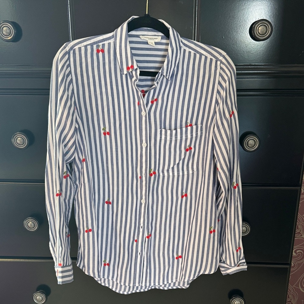 Striped Blue and White striped shirt with Embroidered Cherrys. Sz S
